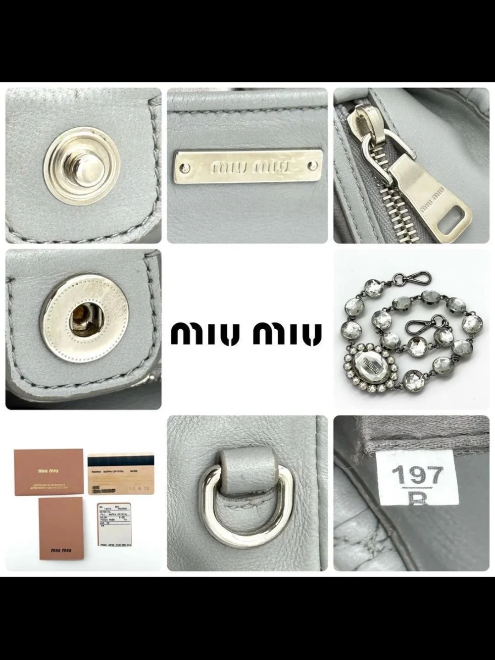 Miu Miu Silver-Gray Quilted Tote with Crystal-Embellished Chain
